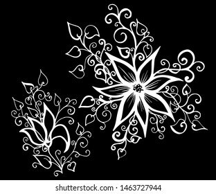 Set of vector hand-painted vintage flowers with curls. 