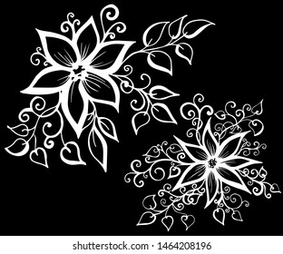 Set of vector hand-painted vintage flowers with curls. 
