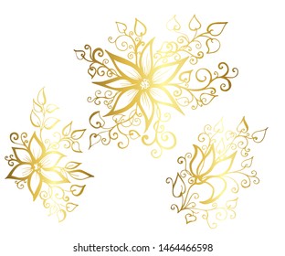 Set of vector hand-painted vintage flowers with curls. 