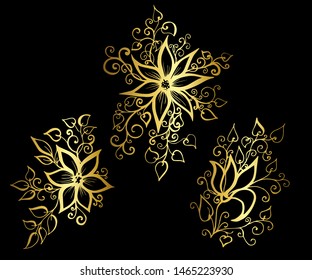 Set of vector hand-painted vintage flowers with curls. 