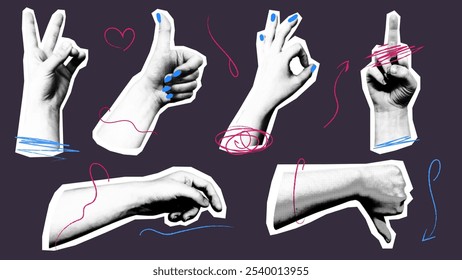 set of vector hands gestures in vintage halftone style handwritten squiggles