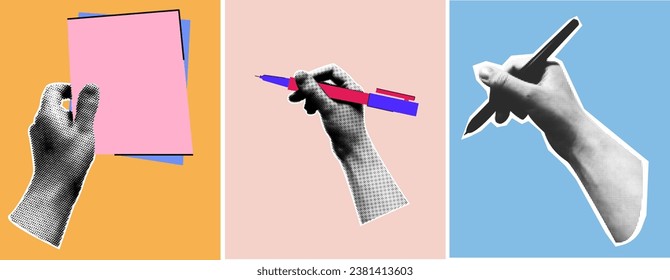 conjunto de manos vectoriales en estilo de semitono con elementos planos: nota, pluma, lápiz