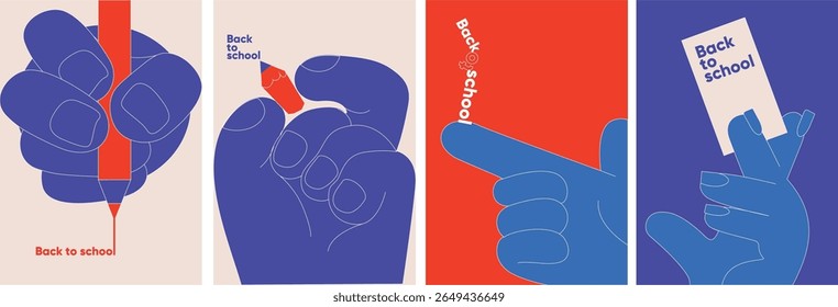 Set of vector hands holding pencils and signs with educational motifs, reflecting school themes in a clean flat design suitable for posters and covers.