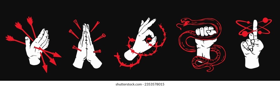 Set vector hands with red elements in retro hand draw cartoon style. Collection design composition for tattoo, banner, cover. Creative art illustration.