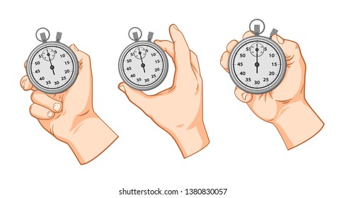 Set of vector hands with stopwatch, vector hand drawn illustration isolated on white background
