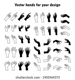 Set of vector hands and witch hands. Line art and simple style. Magic hands.