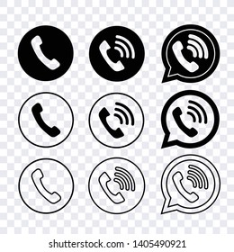 set of vector handset talk icons, black contact us  isolated on transparent background, contact phone smartphone icon vector set, line design 