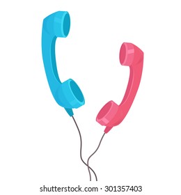 Set of vector handsets with cords. Pink and blue handset. Communication in the distance. love