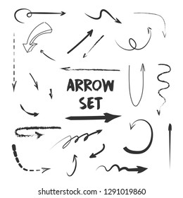 Set of vector handwriting arrows. Collection of black direction pencil sketch symbols. Doodle drawing arrow isolated on white background. Graphic design elements. 