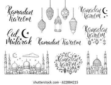 Set vector handwritten calligraphic inscriptions Eid Mubarak and Ramadan Kareem. Brush lettering, modern calligraphy. Hand drawn elements. Engraving style. Flowers, moon, mosque and lanterns.