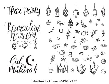 Set Vector Handwritten Calligraphic Inscriptions Eid Mubarak, Iftar Party And Ramadan Kareem. Brush Lettering, Modern Calligraphy. Hand Drawn Doodles Elements. Flowers, Moon, Sweets Amd Lanterns.