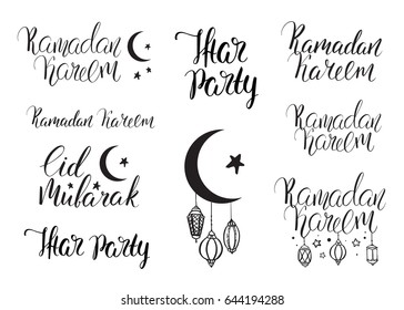 Set vector handwritten calligraphy inscriptions Ramadan Kareem, Eid Mubarak, Iftar Party. Brush lettering. Hand drawn elements. Lanterns and crescent.