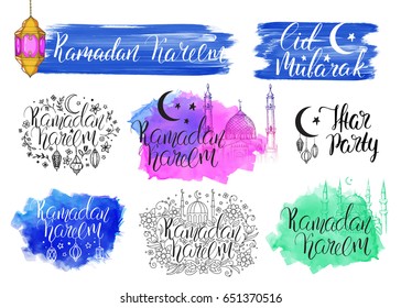 Set vector handwritten calligraphy inscriptions Ramadan Kareem, Eid Mubarak, Iftar Party. Brush lettering. Hand drawn floral elements. Lanterns, mosque and crescent. Watercolor background.