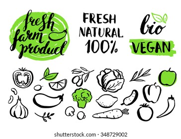 Set of vector handwritten elements with rough edges. Farm natural product. Ink brush lettering. Hand drawn vegetables. Lettering. Badges. Healthy food icons.