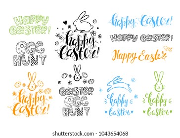 Set of vector handwritten inscriptions Happy Easter and hand drawn elements: flowers, bunny and eggs. Isolated doodle sketch. Brush lettering and modern calligraphy.