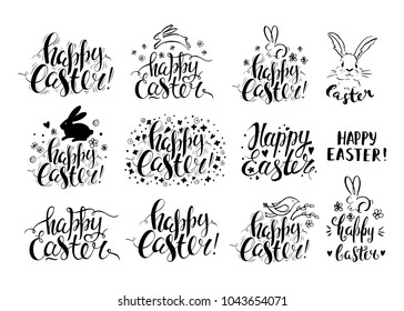 Set of vector handwritten inscriptions Happy Easter and hand drawn elements: flowers, willow, bunny and eggs. Isolated doodle sketch. Brush lettering and modern calligraphy.
