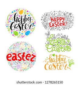 Set of vector handwritten inscriptions Happy Easter and hand drawn elements: flowers, willow, bunny and eggs. Isolated doodle sketch. Brush lettering and modern calligraphy.