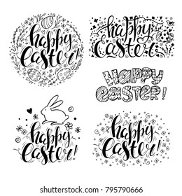 Set of vector handwritten inscriptions Happy Easter and hand drawn elements: flowers, willow, bunny and eggs. Isolated doodle sketch. Brush lettering and modern calligraphy.