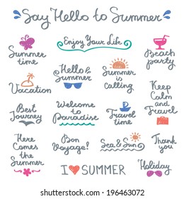 set of vector handwritten letterings and hand drawn elements for summer design