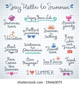 set of vector handwritten letterings and hand drawn elements for summer design