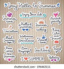 set of vector handwritten letterings and hand drawn elements for summer design