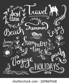 set of vector handwritten letterings and hand drawn elements for summer design