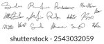 Set vector handwritten signature. Fake autograph in different handwriting. The image features various names signed in different handwriting.