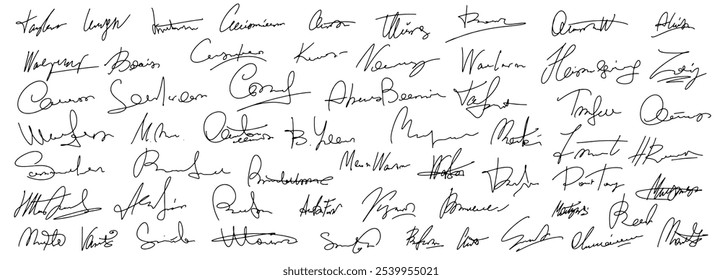 Set vector handwritten signature. Fake autograph in different handwriting.