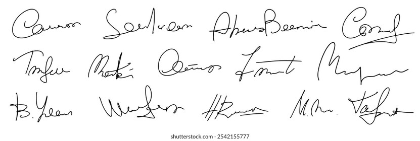 Set vector handwritten signature. Fake autograph in different handwriting. Each signature is unique and reflects the artist's style.