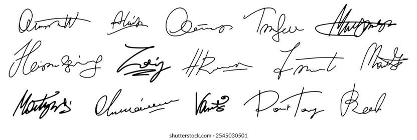 Set vector handwritten signature. Fake autograph in different handwriting. The page has random scribbles that look like signatures.