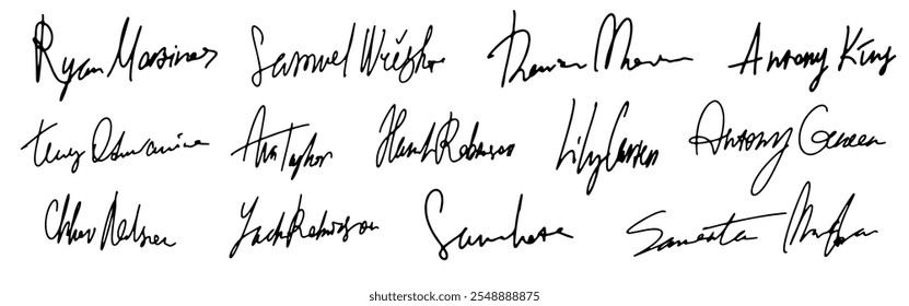 Set vector handwritten signature. Fake autograph in different handwriting. The signatures range from neat to messy, adding variety.