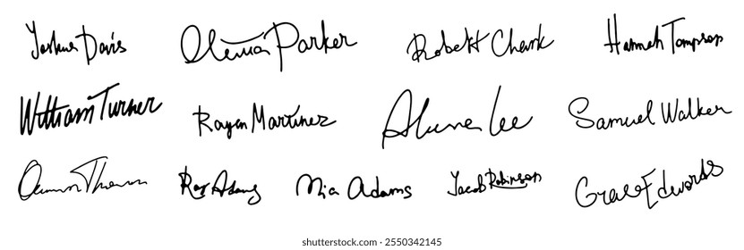 Set vector handwritten signature. Fake autograph in different handwriting. The signatures create a playful and artistic look.