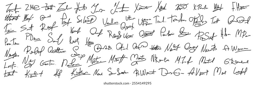 Set vector handwritten signature. Fake autograph in different handwriting. The collection features both formal and casual signatures.