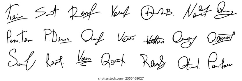 Set vector handwritten signature. Fake autograph in different handwriting. The signatures are penned by hand, showing personal touches.