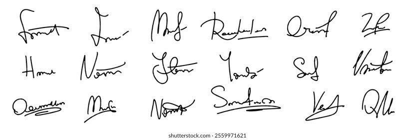 Set vector handwritten signature. Fake autograph in different handwriting. Each signature has its own flair and personality.