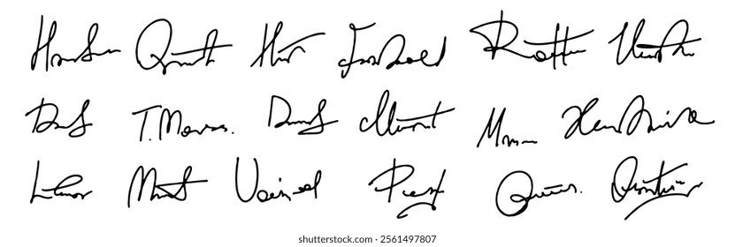 Set vector handwritten signature. Fake autograph in different handwriting. The collection includes both cursive and print handwriting.