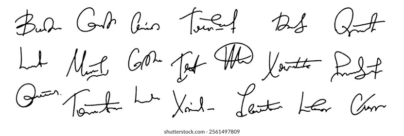 Set vector handwritten signature. Fake autograph in different handwriting. There are playful doodles mixed in with the signatures.