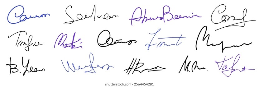 Set vector handwritten signature. Fake autograph in different handwriting. Each signature is unique and never looks the same.