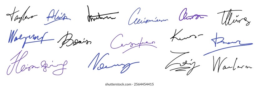 Set vector handwritten signature. Fake autograph in different handwriting. A few bold ink strokes create a dynamic look.