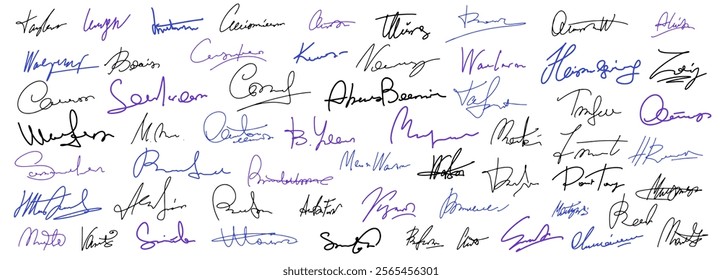 Set vector handwritten signature. Fake autograph in different handwriting. The signatures are arranged randomly across the page.