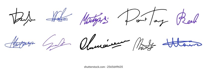 Set vector handwritten signature. Fake autograph in different handwriting. The document captures moments of creativity from various artists.