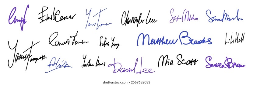 Set vector handwritten signature. Fake autograph in different handwriting. Some signatures appear more formal than others.