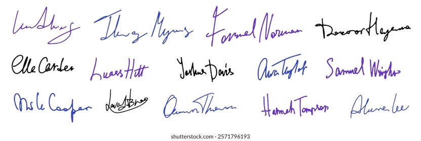 Set vector handwritten signature. Fake autograph in different handwriting. Each written name contributes to the overall design.