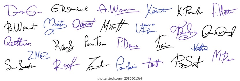 Set vector handwritten signature. Fake autograph in different handwriting. Each letter showcases unique penmanship by the writer.