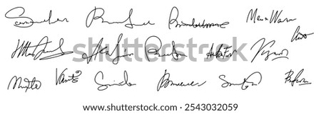 Set vector handwritten signature. Fake autograph in different handwriting. The image features various names signed in different handwriting.