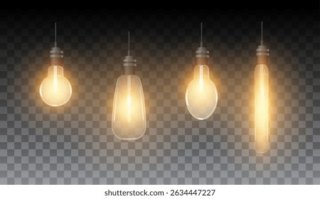 Set of vector, hanging glowing lamps of different shapes, isolated transparent dark background. Vintage ceiling lighting in the room. Interior. Realistic illustration.
