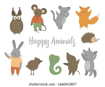 Set of vector happy animals. Cute funny characters isolated on white background. Flat design for kids