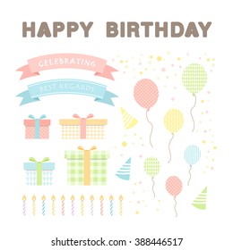 Set of vector happy birthday party elements. There colorful balloons, gift boxes, candles and ribbons.