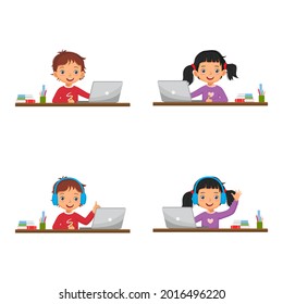 Set of vector happy boy and girl studying and doing homework online using laptop wearing headphone at home. Online education and homeschooling concept.