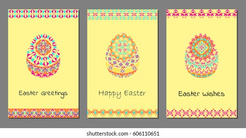 Set of vector Happy Easter background with easter egg, mandalas pattern and tribal geometric borders. Ethnic theme. Native American Indian ornaments